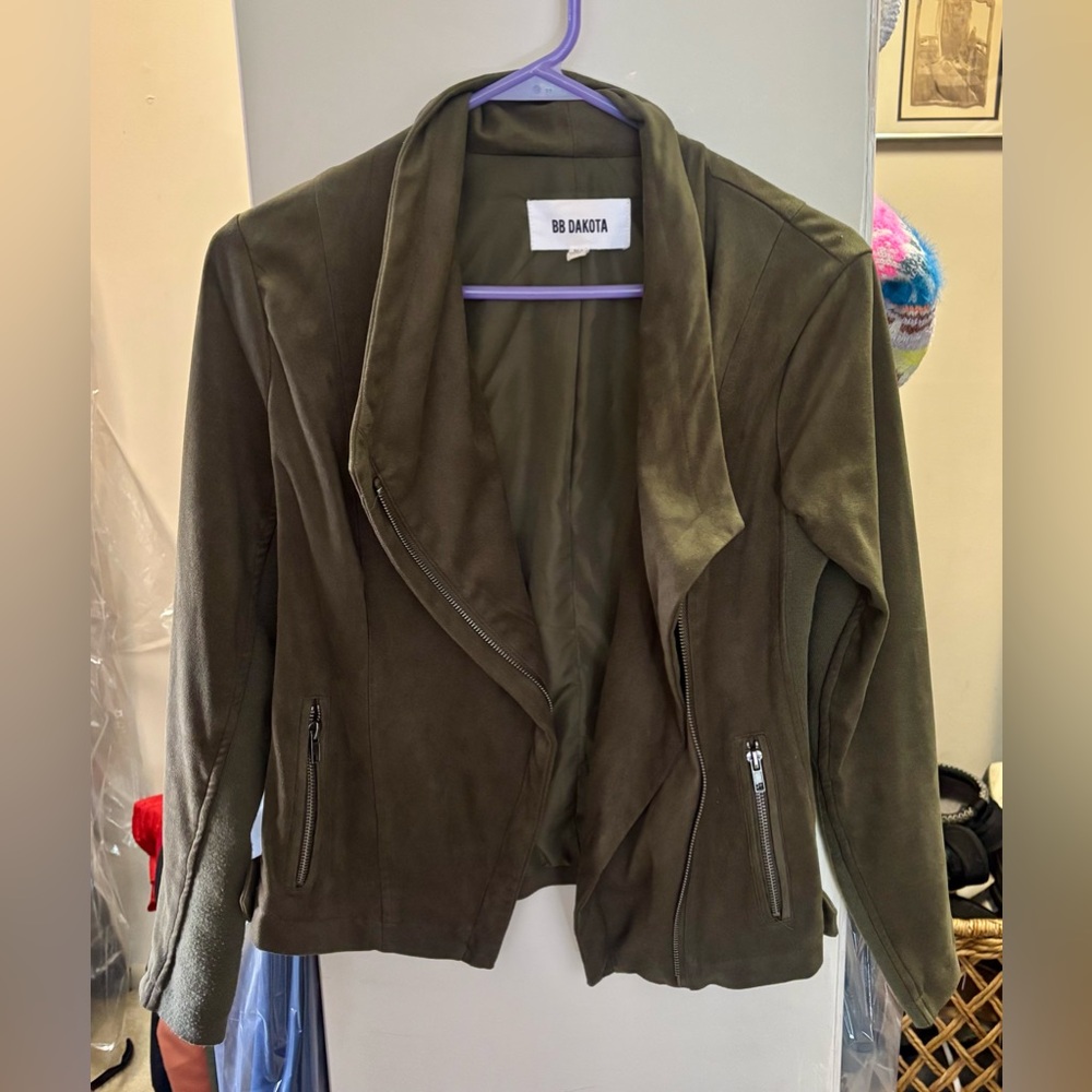 BB Dakota Green Moss Faux Suede Moto Jacket Asymmetrical Zip Size‎ XS Stretch